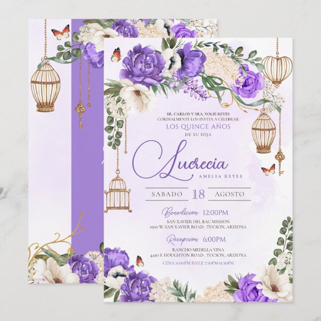 Invitación Lavender Gold Butterfly Floral Elegante Quinceañer (Anverso / Reverso)
