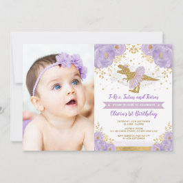 Invitación Lavender Gold Dinosaur T Rex Chica Fotos de cumple