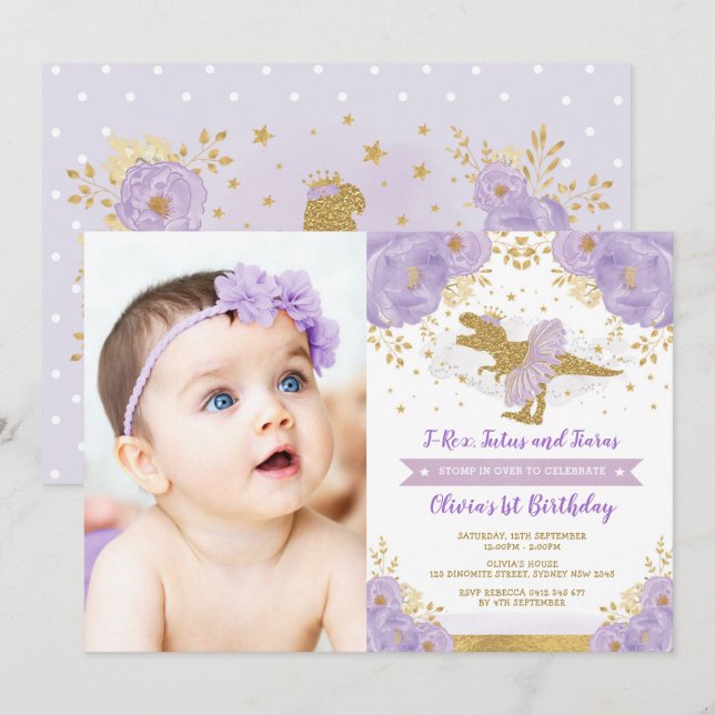Invitación Lavender Gold Dinosaur T Rex Chica Fotos de cumple (Anverso / Reverso)