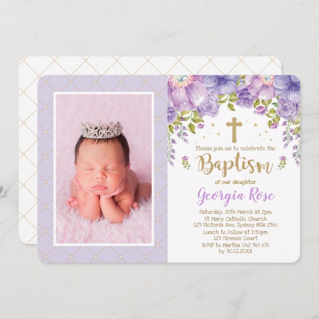 Invitación Lavender Gold Floral / Bautismo Chica Christening (Anverso / Reverso)