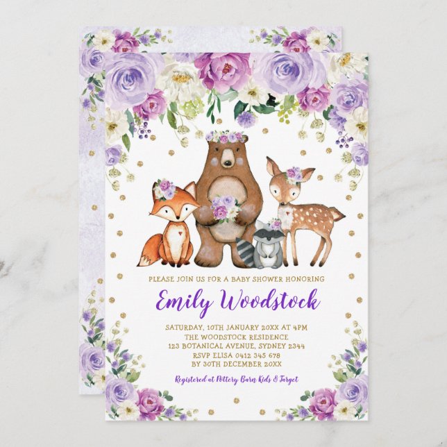 Invitación Lavender Gold Floral Woodland Animales Baby Shower (Anverso / Reverso)