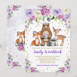 Invitación Lavender Gold Floral Woodland Animales Baby Shower