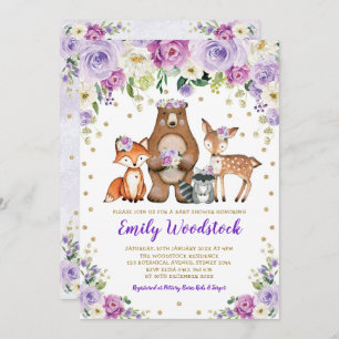 Invitación Lavender Gold Floral Woodland Animales Baby Shower
