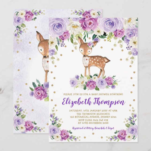 Invitación Lavender Gold Floral Woodland Deer Baby Shower (Anverso / Reverso)