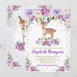 Invitación Lavender Gold Floral Woodland Deer Baby Shower