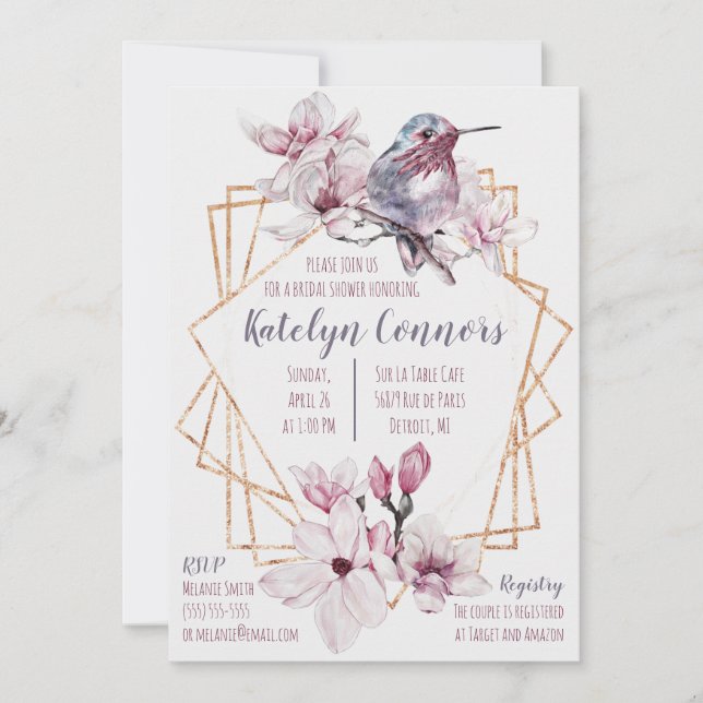 Invitación Lavender & Gold Hummingbird Ducha de Novias Temáti (Anverso)