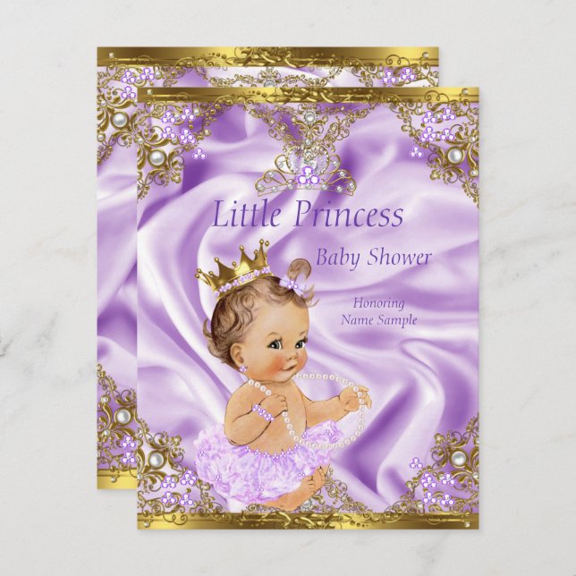 Invitación Lavender Gold Princess Baby Shower Brunette Chica (Anverso / Reverso)
