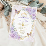 Invitación Lavender Gold Quinceanera Mis Quince<br><div class="desc">¡La invitación perfecta para la quinceañera de tu hija está por fin aquí! Esta moda y moderna invitación a la quinceañera cuenta con elegantes rosas color agua morado, una tiara purpurina de oro y dos pequeñas mariposas dulces. Haga clic en el botón "personalizar adicional" si desea reorganizar y formatear el...</div>