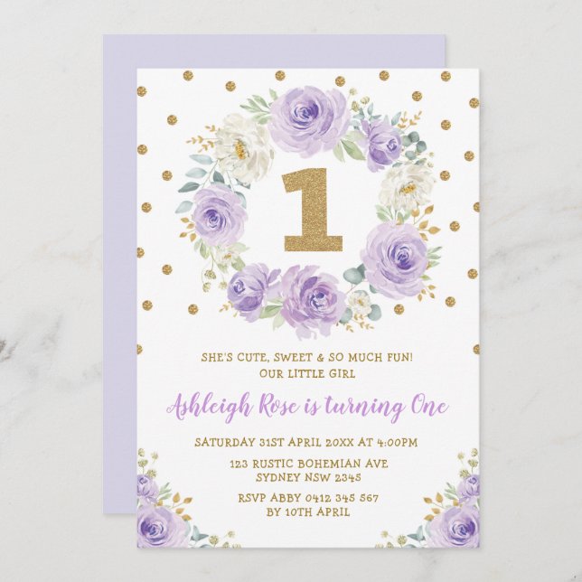 Invitación Lavender Gold Rosa Floral Primer cumpleaños Fiesta (Anverso / Reverso)