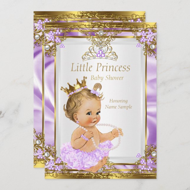 Invitación Lavender Gold White Princess Baby Shower Blonde (Anverso / Reverso)