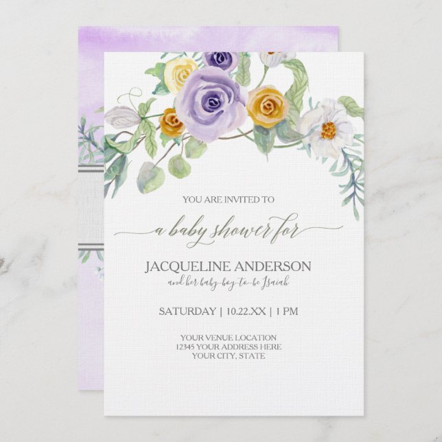 Invitación Lavender Golden Amber Rosa Floral Baby Shower Chic (Anverso / Reverso)