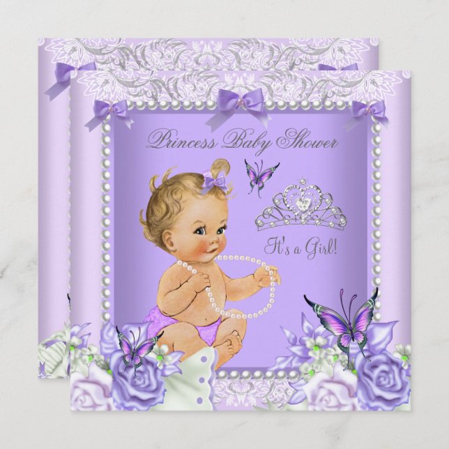 Invitación Lavender Gray Baby Shower Chica Blona Bebé (Anverso / Reverso)