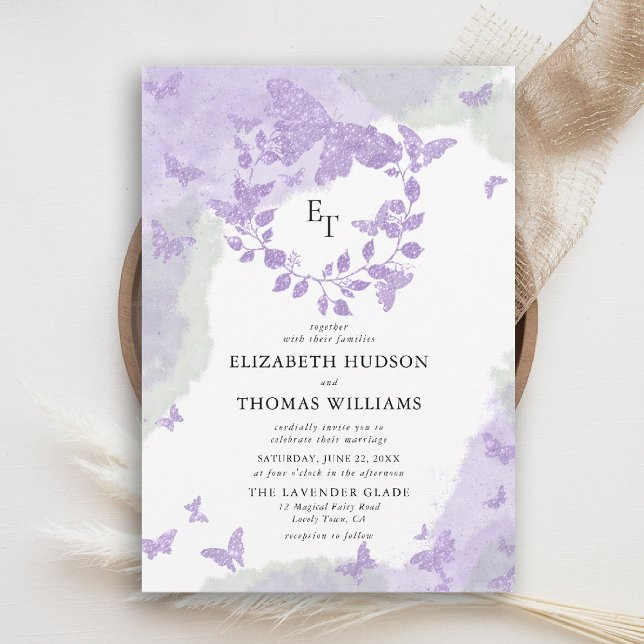 Invitación Lavender Green Dream Butterfly Eucalyptus Wedding (butterfly wedding invitation lavender purple green eucalyptus crest elegant modern romantic)