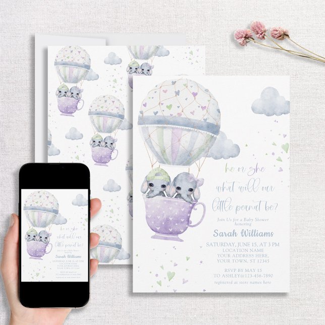 Invitación Lavender Green Gender Revelan Elephant Baby Shower (Subido por el creador)