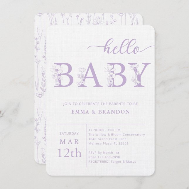 Invitación Lavender Hello Baby Wildflower Invitation (Anverso / Reverso)