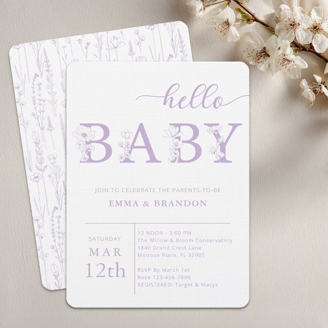 Invitación Lavender Hello Baby Wildflower Invitation (Lavender Baby Shower Invite)