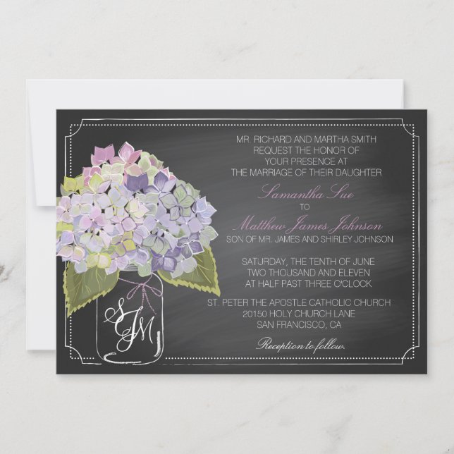 Invitación Lavender Hydrangea Chalkboard Rústico Boda (Anverso)