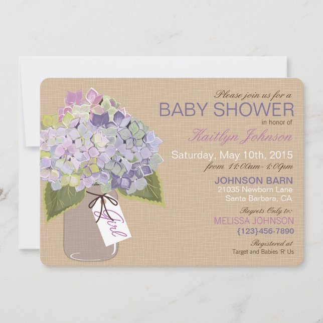 Invitación Lavender Hydrangea Mason Jar Rustic Baby Shower (Anverso)