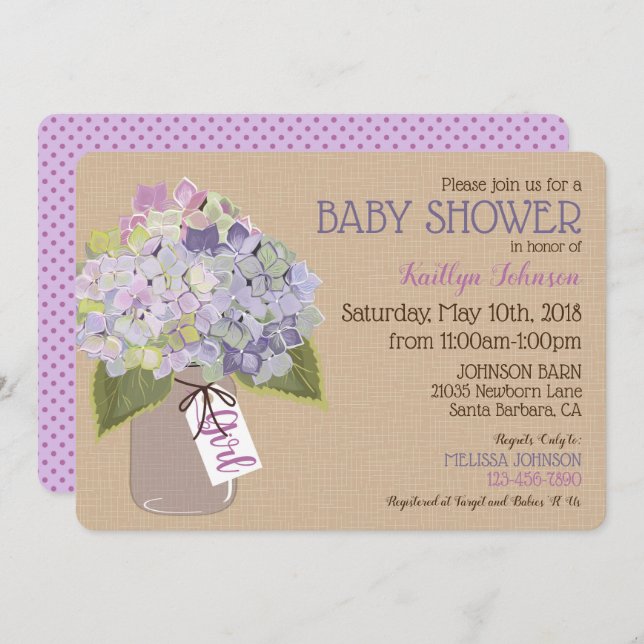 Invitación Lavender Hydrangea Mason Jar Rústico Baby Shower (Anverso / Reverso)