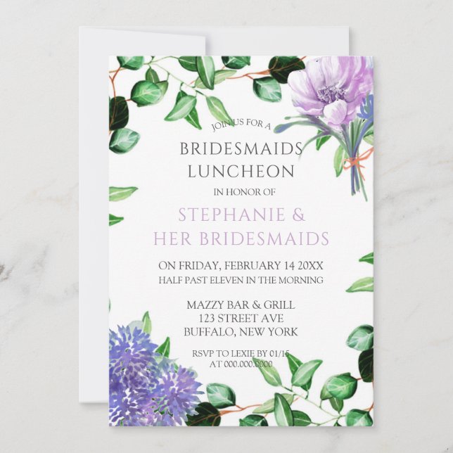 Invitación Lavender Hydrangeas Bridesmaids Floral Luncheon (Anverso)
