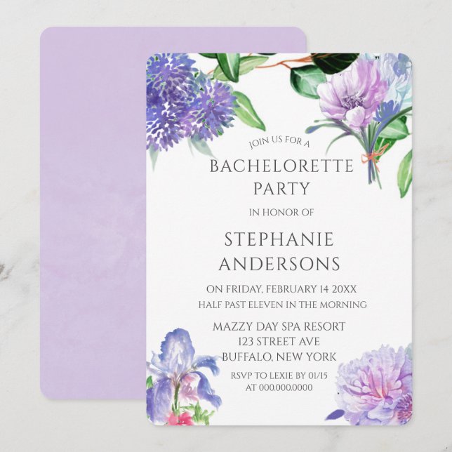 Invitación Lavender Hydrangeas Iris Rosa Bachelorette Party (Anverso / Reverso)