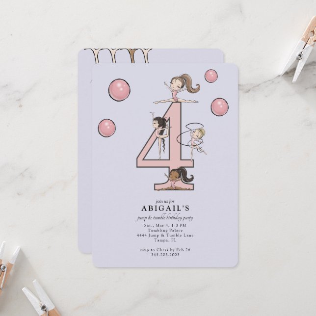 Invitación Lavender Jump & Tumble Gymnastics 4th Birthday (Anverso/Reverso In Situ)