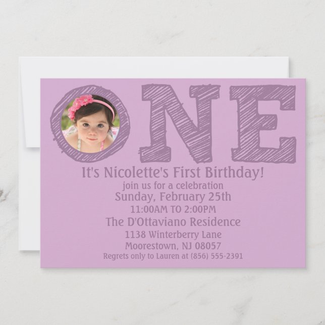 Invitación Lavender La Gran Fotomía Primera Fiesta de Cumplea (Anverso)