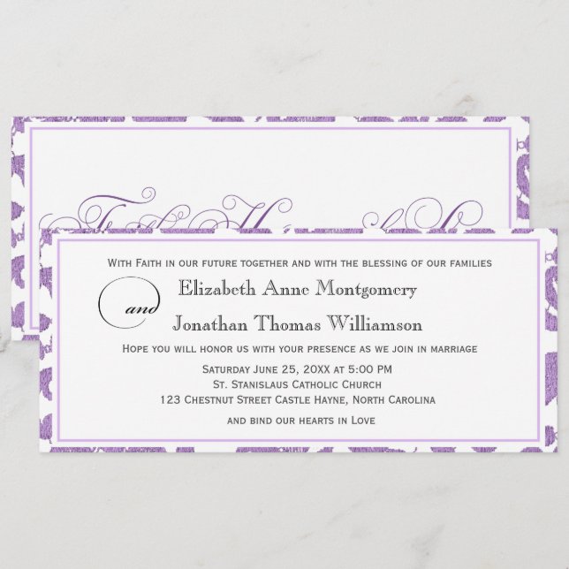 Invitación Lavender Lace Faith Hope Love Horizontal Boda (Anverso / Reverso)