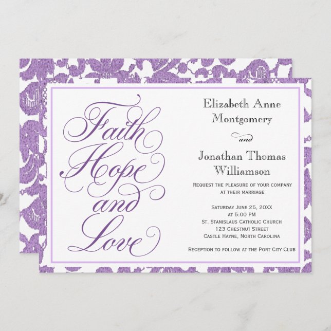Invitación Lavender Lace Script Faith Hope & Love Boda (Anverso / Reverso)