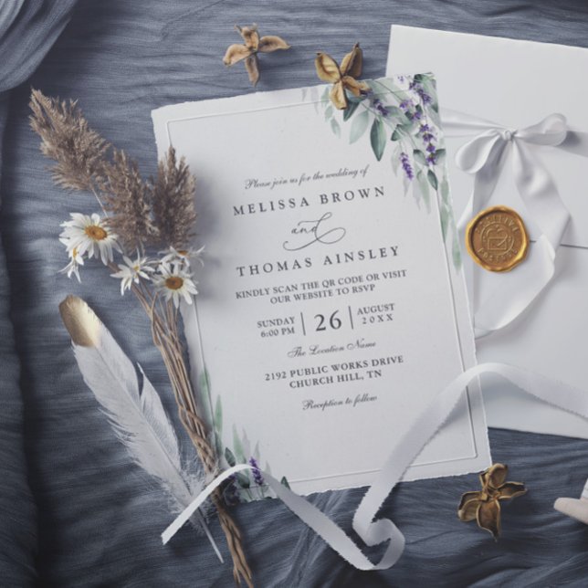 Invitación Lavender Leaves Rustic Elegant QR Code Wedding (Subido por el creador)