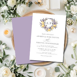 Invitación Lavender Lemon Monograma Boda Escudo Floral