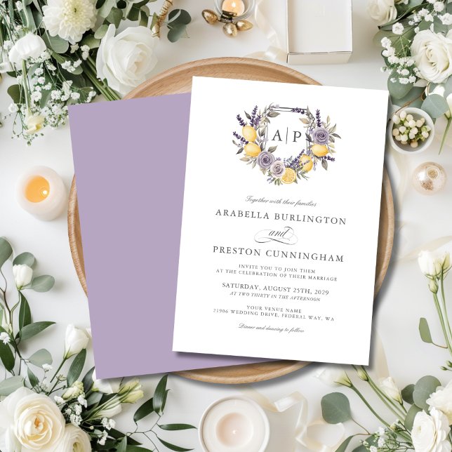 Invitación Lavender Lemon Monograma Boda Escudo Floral (Lavender Lemon Monogram Floral Crest Wedding Invitation)