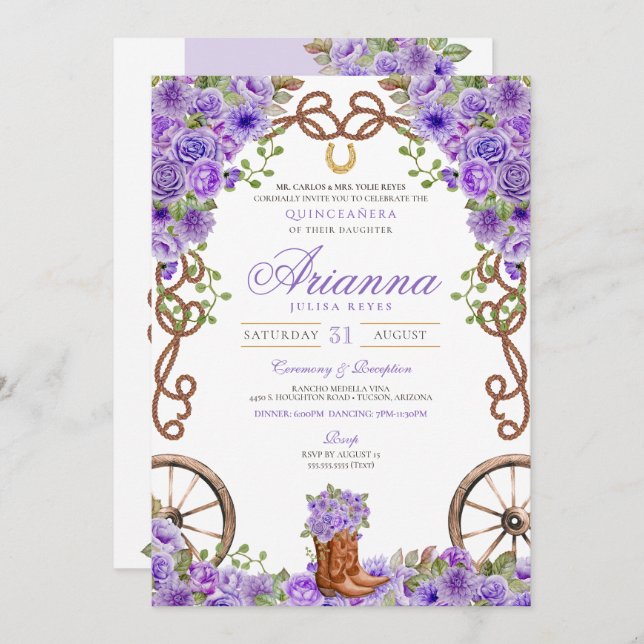 Invitación Lavender Light Purple Western Charra Quinceañera (Anverso / Reverso)