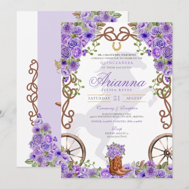 Invitación Lavender Light Purple Western Charro Quinceañera (Anverso / Reverso)
