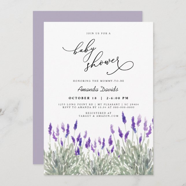 Invitación Lavender Lila Greenery Género Baby Shower Neutral (Anverso / Reverso)