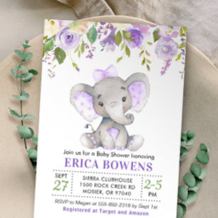 Invitación Lavender Lilac Chica púrpura Elefante Baby Shower