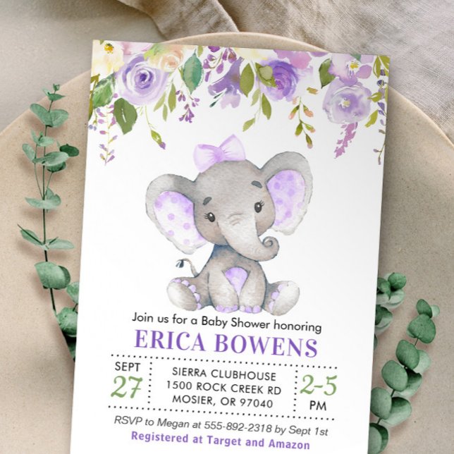 Invitación Lavender Lilac Chica púrpura Elefante Baby Shower (Subido por el creador)
