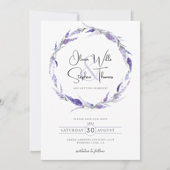 Invitación Lavender Lilac Floral Boho Botánico Guardar La Fec (Anverso)