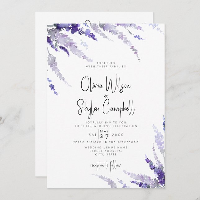 Invitación Lavender Lilac Floral Código QR Todo En Un Boda (Anverso / Reverso)