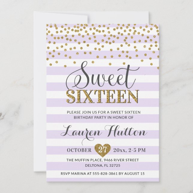 Invitación Lavender Lilac Gold Sweet 16 Fiestas Cumpleaños (Anverso)