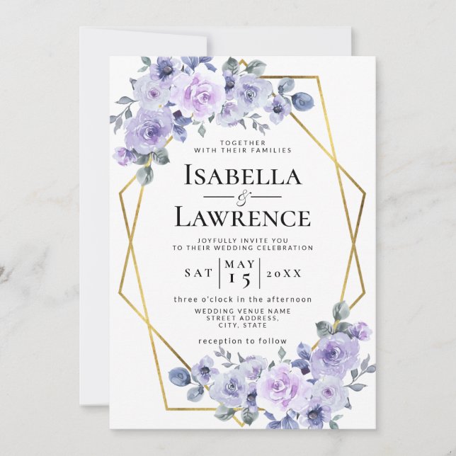 Invitación Lavender Lilac Marco de oro Floral Elegante Boda (Anverso)