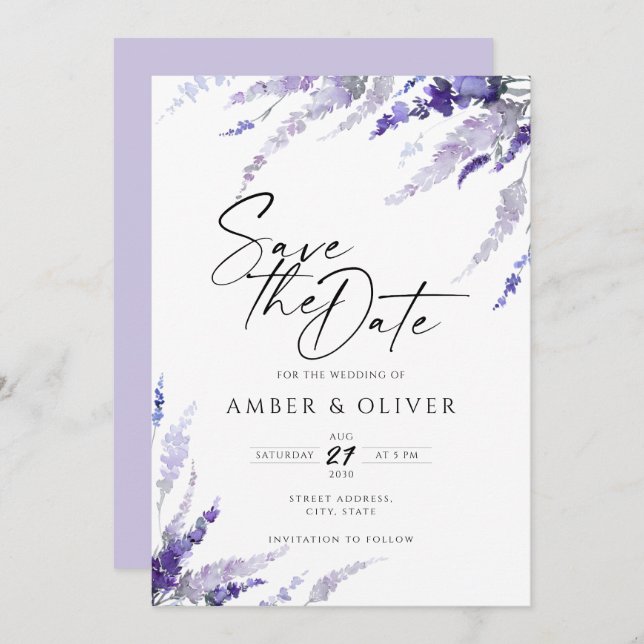 Invitación Lavender Lilac Mauve Floral Elegante Ahorra La Fec (Anverso / Reverso)