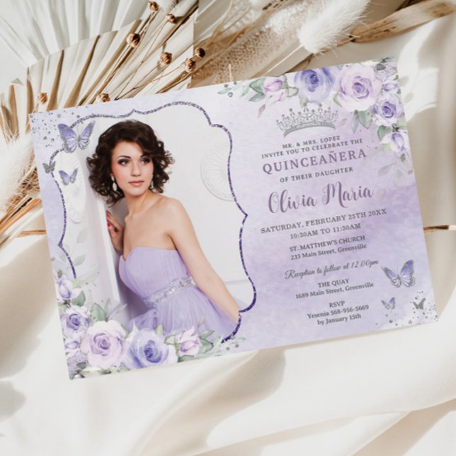 Invitación Lavender Lilac Purple Floral Foto Quinceañera (Subido por el creador)