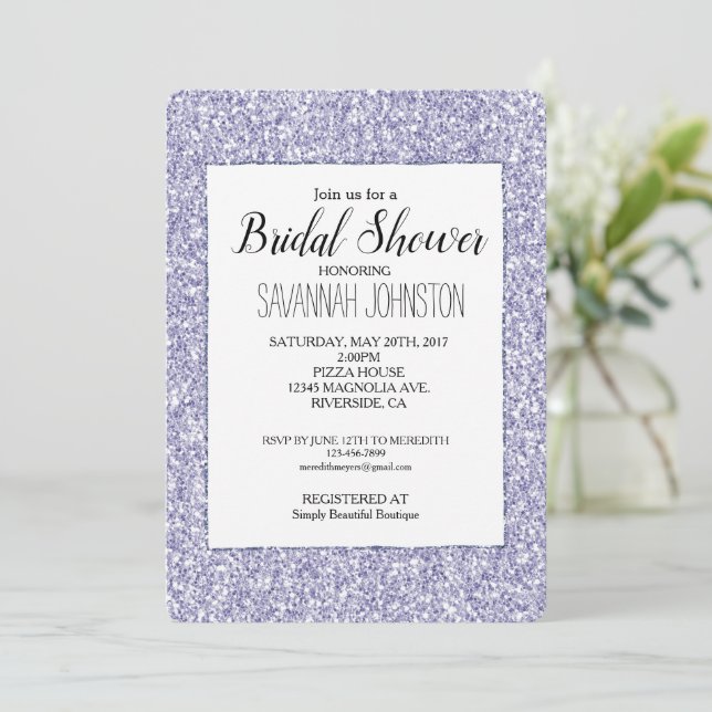 Invitación Lavender Lilac Purpurina púrpura ducha de novia (Anverso de pie)