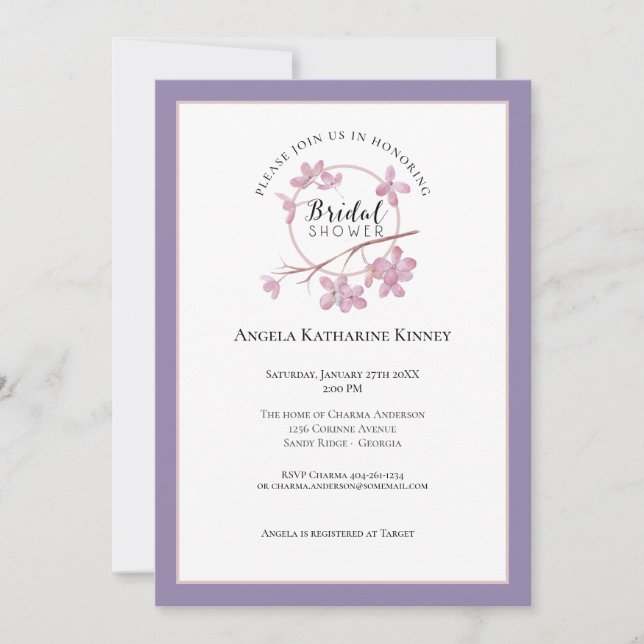 Invitación Lavender Lilac rosa Blossom Bridal Shower (Anverso)