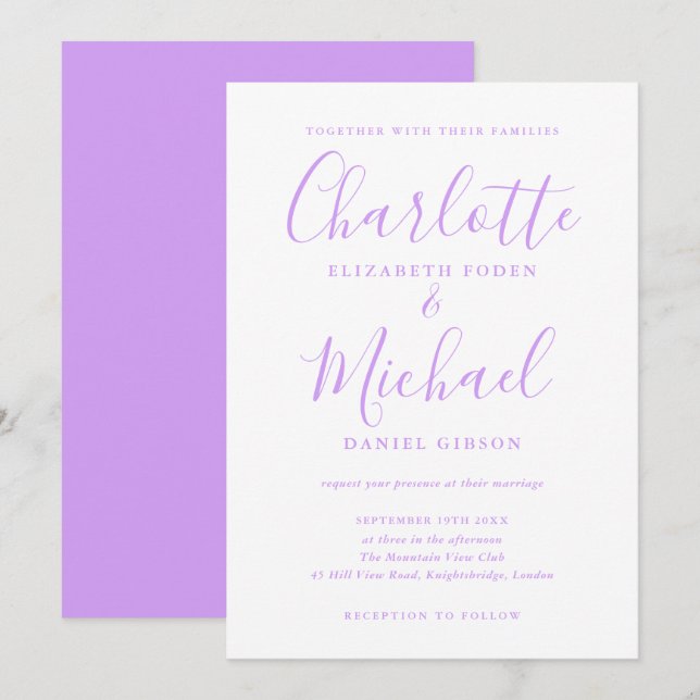 Invitación Lavender Lilac Signature Boda de guiones (Anverso / Reverso)