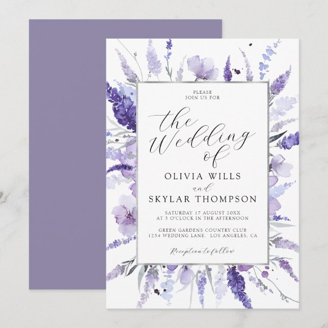 Invitación Lavender Lilac Silver Boda Botánico Floral (Anverso / Reverso)