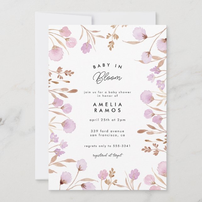 Invitación Lavender Lilac Watercolor Flower Baby Shower (Anverso)