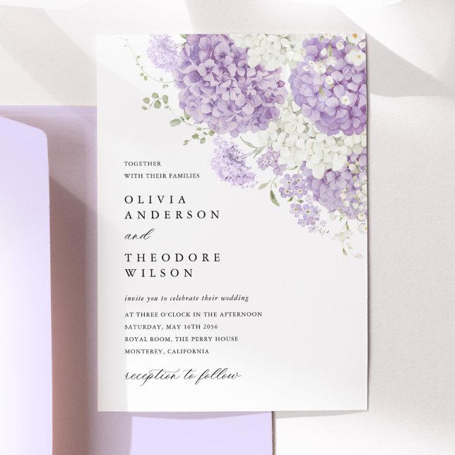 Invitación Lavender Lilac White Floral Wedding (Lavender white hydrangea floral wedding invitation, elegant, romantic lilac purple stationery)