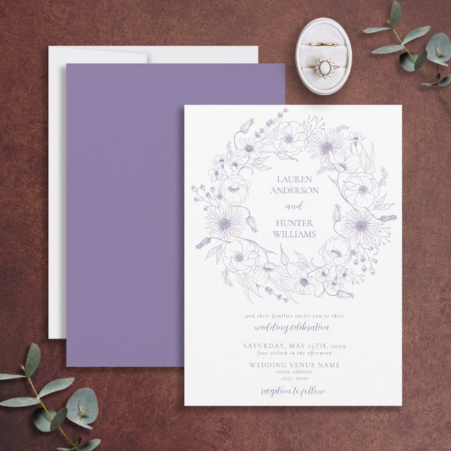 Invitación Lavender Line Art Floral Wreath Boda (Subido por el creador)